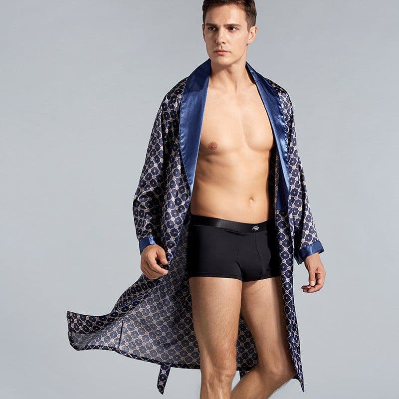 image-Cross-border men's one-piece artificial silk nightgown Spring and summer thin long-sleeved bathrobe Men's striped bathrobe 88013
