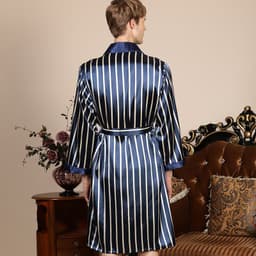 image-Cross-border men's one-piece artificial silk nightgown Spring and summer thin long-sleeved bathrobe Men's striped bathrobe 88013