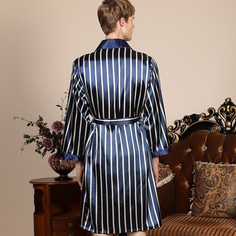 image-Cross-border men's one-piece artificial silk nightgown Spring and summer thin long-sleeved bathrobe Men's striped bathrobe 88013