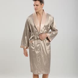 image-Cross-border men's one-piece artificial silk nightgown Spring and summer thin long-sleeved bathrobe Men's striped bathrobe 88013