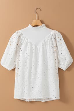 image-White Embroidered Hollow-out Puff Sleeve Blouse - Floral Design