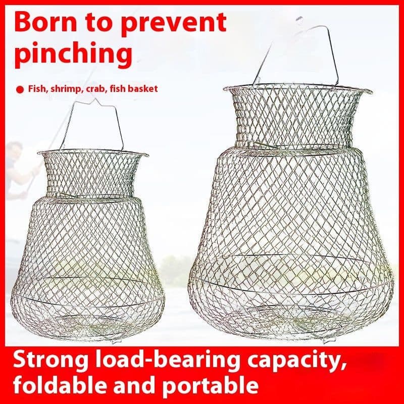 image-Steel Wire Fish Protection Folding Basket Net Pocket Put Metal Stainless Cage Woven