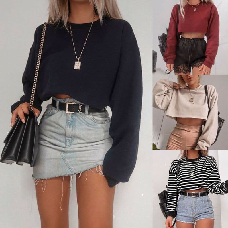 image-Women's Long Sleeve Crop Top T-Shirts