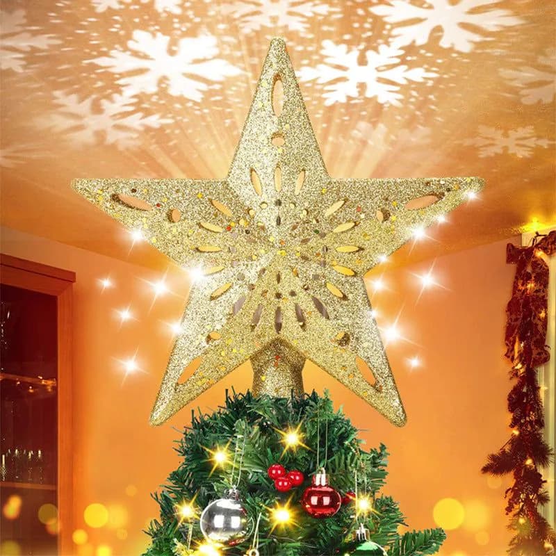 image-Christmas Tree Topper Star Lighted 3D Glitter Silver Snow Tree Toppers Snowflake Projector New Year Home Decoration