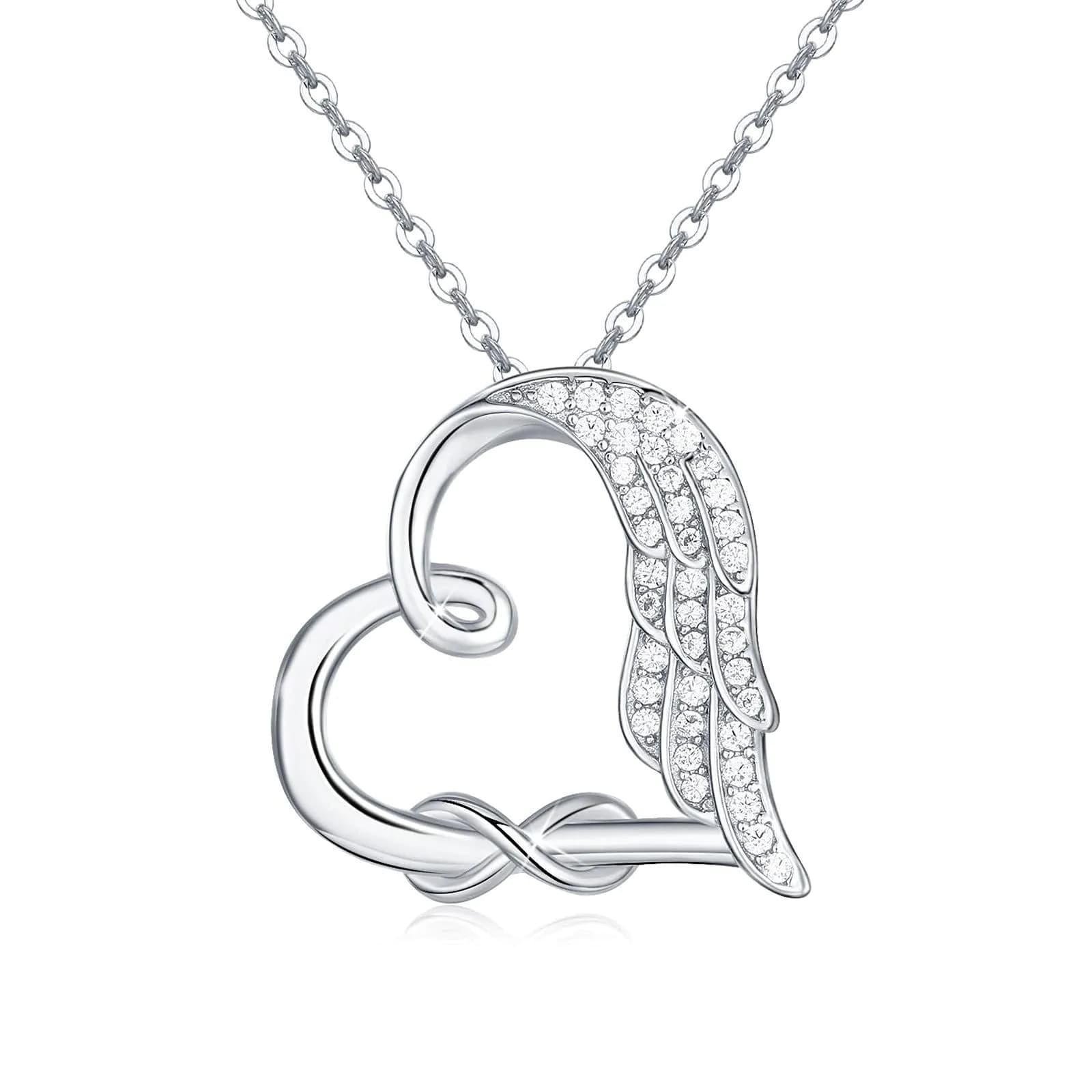 image-Sterling Silver Guardian Angel Wings Heart Shape Infinity Symbol Pendant Necklace For Women And Girls