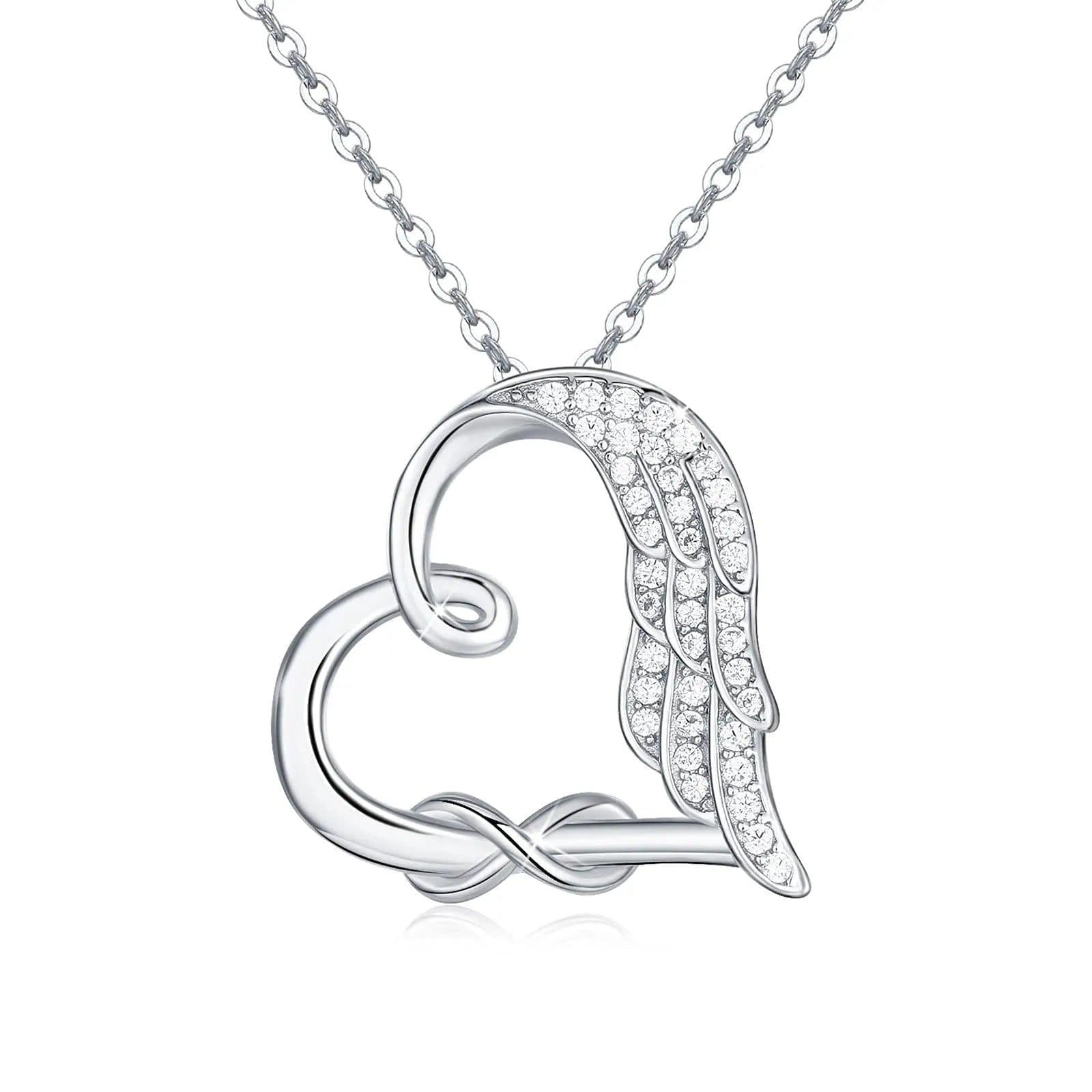 image-Sterling Silver Guardian Angel Wings Heart Shape Infinity Symbol Pendant Necklace For Women And Girls