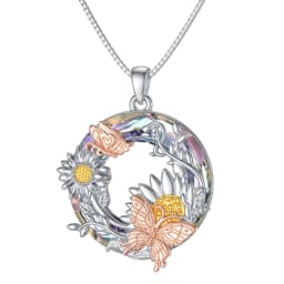 image-Crystal Sunflower Butterfly Necklace in Rose Gold and Gold Plated Sterling Silver