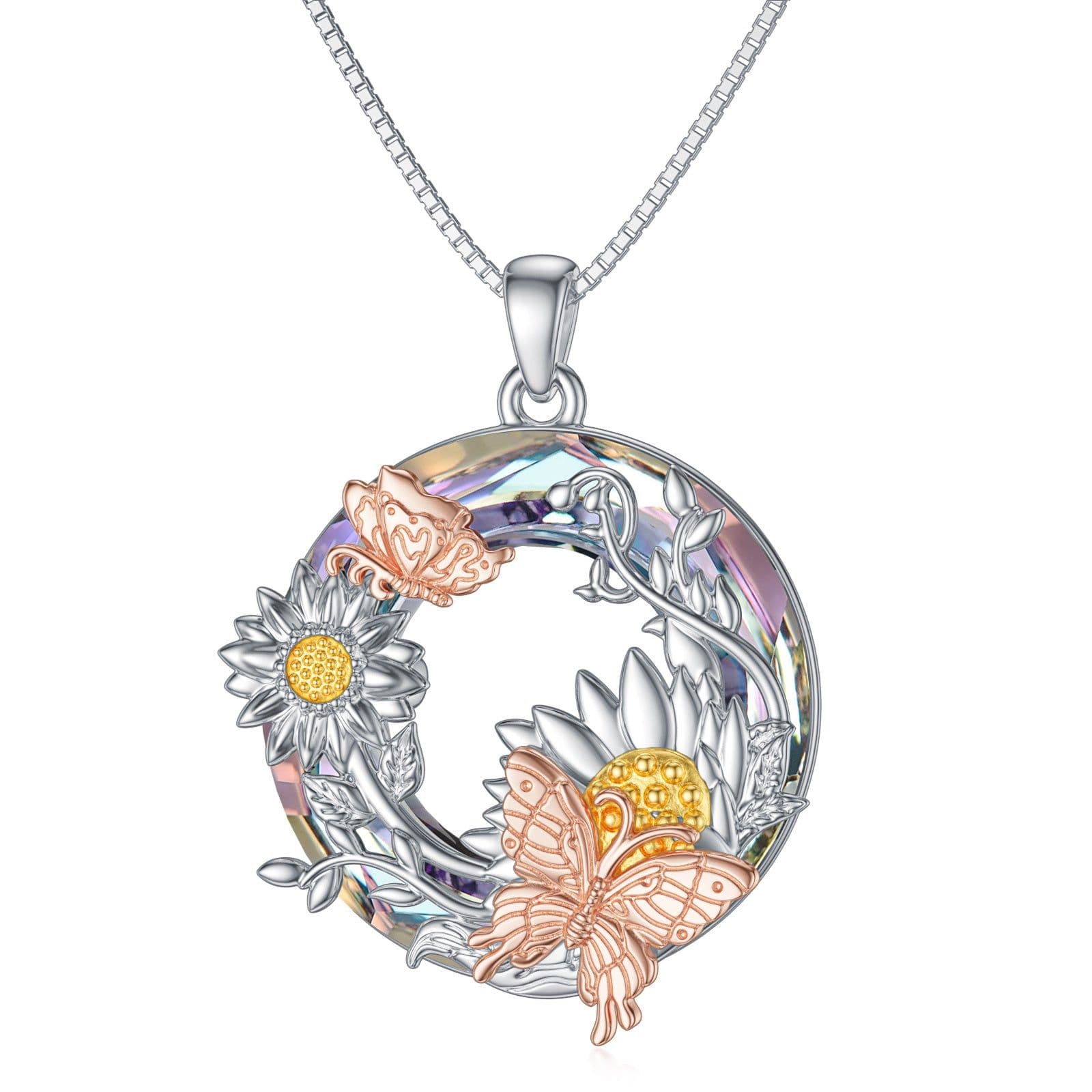 image-Crystal Sunflower Butterfly Necklace in Rose Gold and Gold Plated Sterling Silver