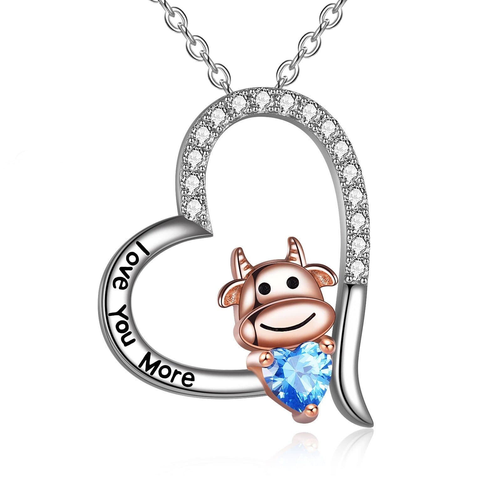 image-Sterling Silver Year of The OX Jewelry Cubic Zirconia Heart Cow Pendant Necklace