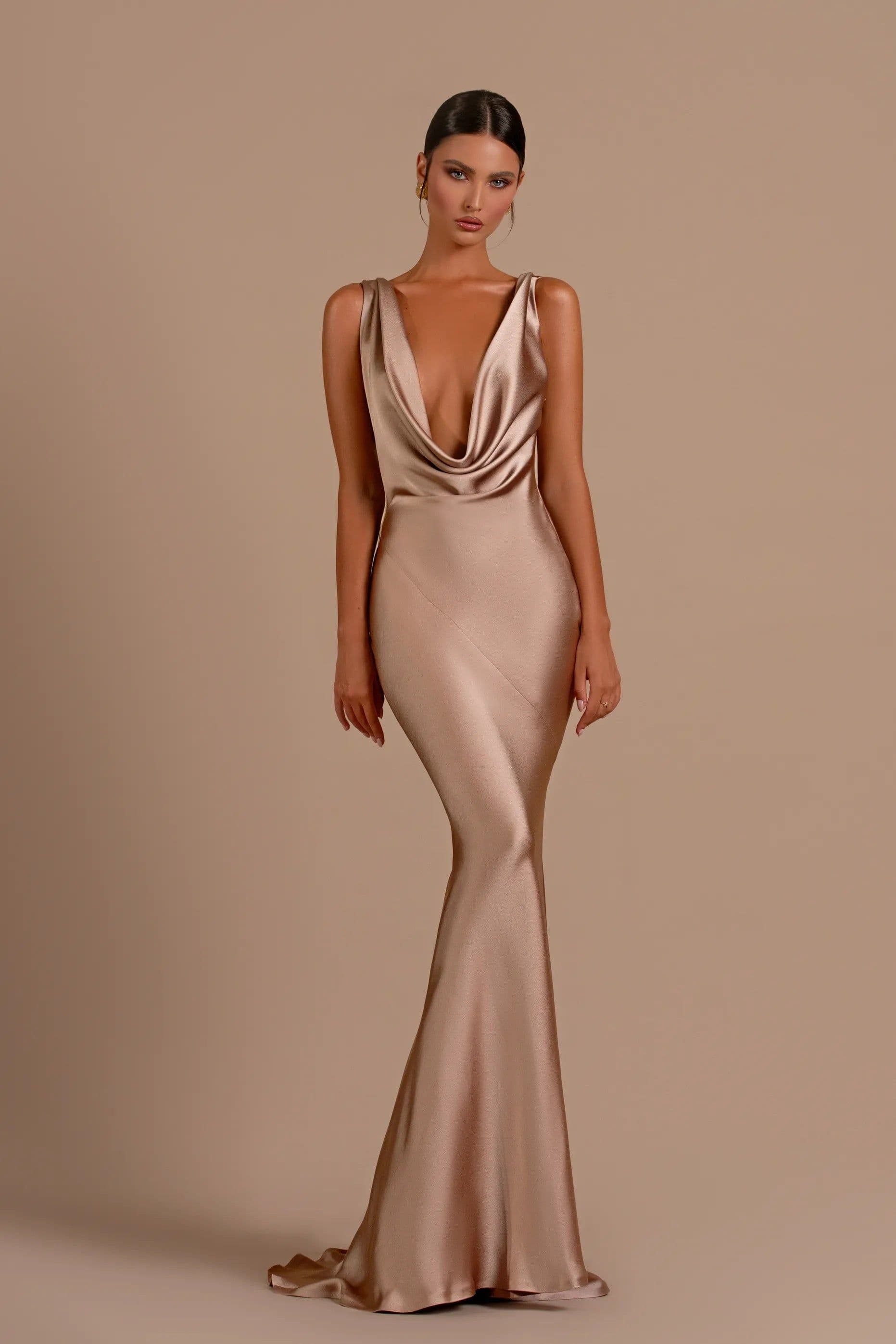 image-Mermaid Bridesmaid Dresses For Wedding Deep V Neck Satin Prom Dress Long Formal Evening Gowns For Women