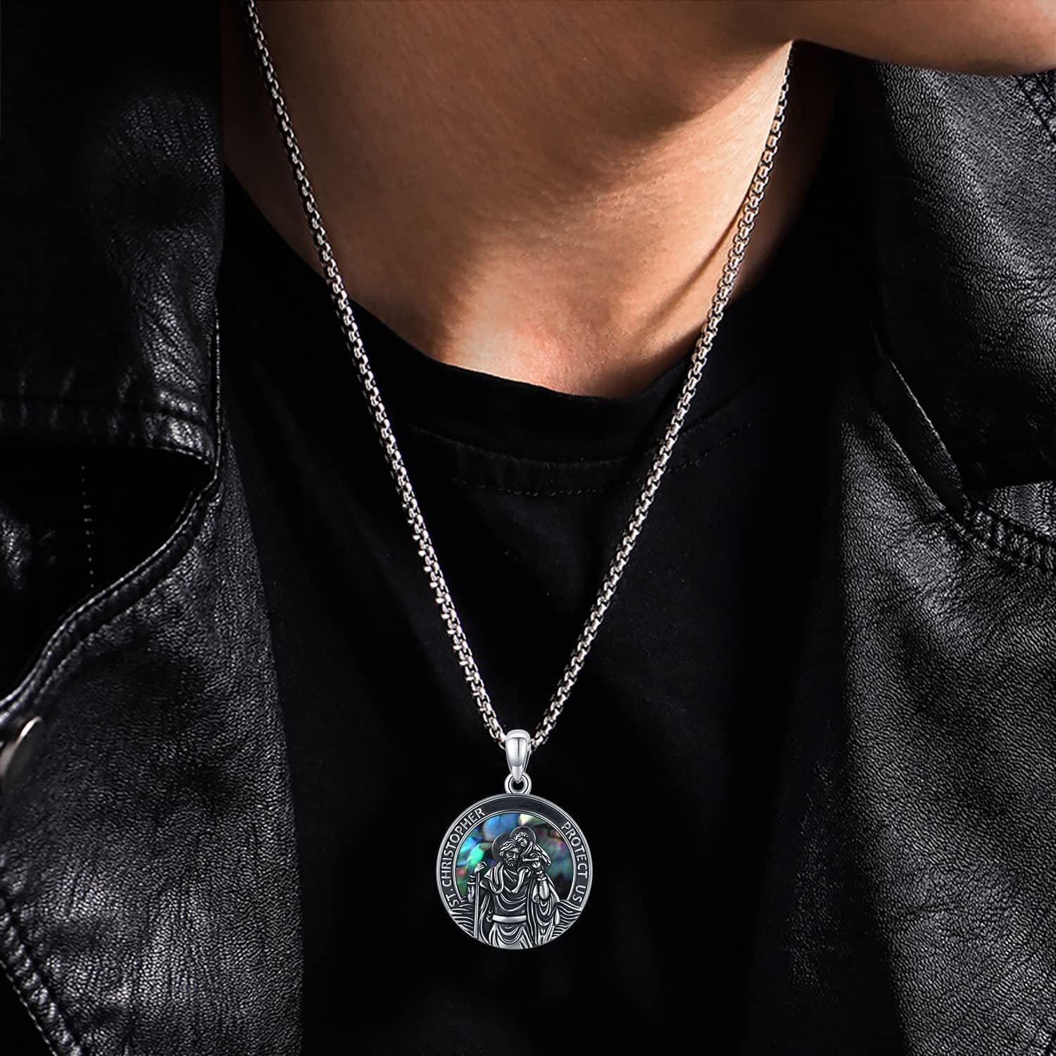 image-Sterling Silver Round Medal Saint Christopher Pendant Necklace as Catholic Christmas Gifts