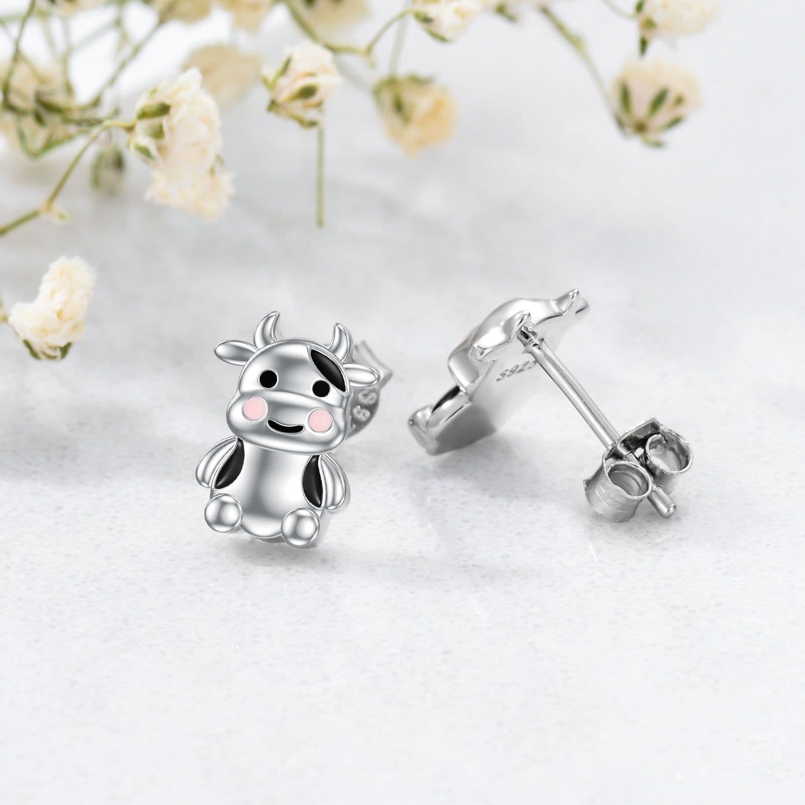 image-Cow Earrings Sterling Silver Cow Jewelry Animal Stud Earrings Cow Gifts for Women Teens Birthday