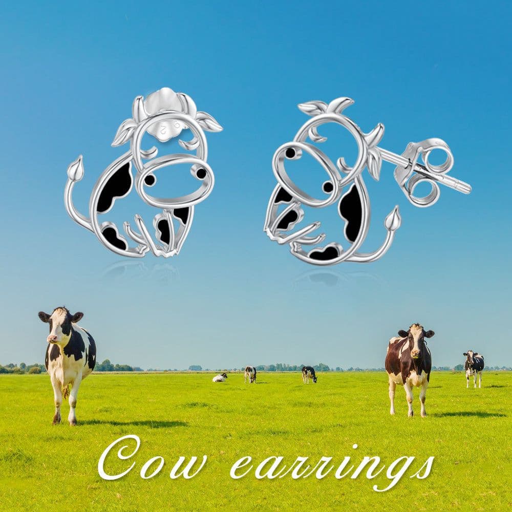 image-Cow Earrings 925 Sterling Silver Cow Stud Earrings for Women Cow Gifts for Birthday