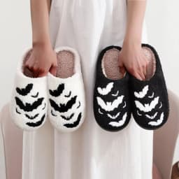 image-Bat Pattern Embroidery Stuffed Home Thick-soled Cozy Furry Cotton Slippers Halloween Christmas Slippers Checkered Scuff For Women And Men Holiday Indoor Bedroom Fluffy Warm Fleece Slippers