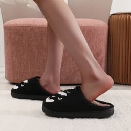 image-Bat Pattern Embroidery Stuffed Home Thick-soled Cozy Furry Cotton Slippers Halloween Christmas Slippers Checkered Scuff For Women And Men Holiday Indoor Bedroom Fluffy Warm Fleece Slippers
