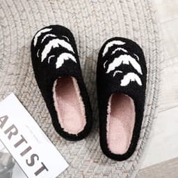 image-Bat Pattern Embroidery Stuffed Home Thick-soled Cozy Furry Cotton Slippers Halloween Christmas Slippers Checkered Scuff For Women And Men Holiday Indoor Bedroom Fluffy Warm Fleece Slippers