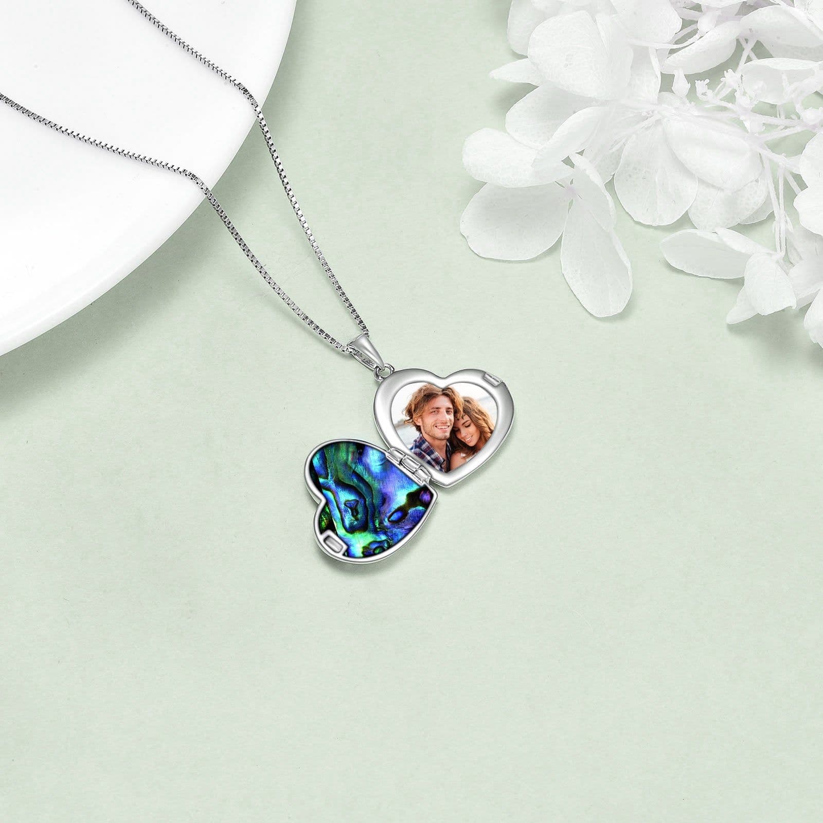 image-Horse and Girl Abalone Shellfish Heart Sterling Silver Photo Locket Necklace