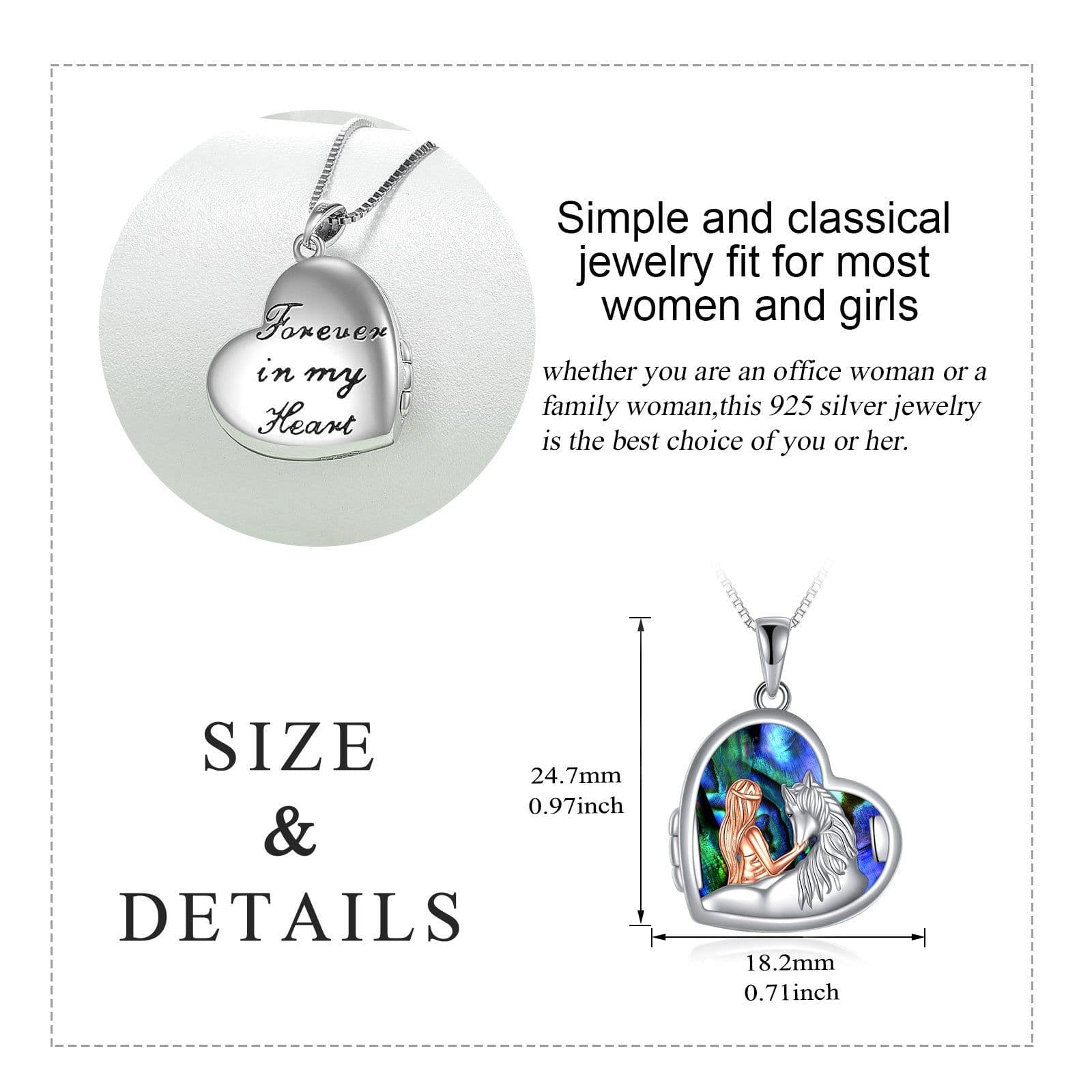 image-Horse and Girl Abalone Shellfish Heart Sterling Silver Photo Locket Necklace