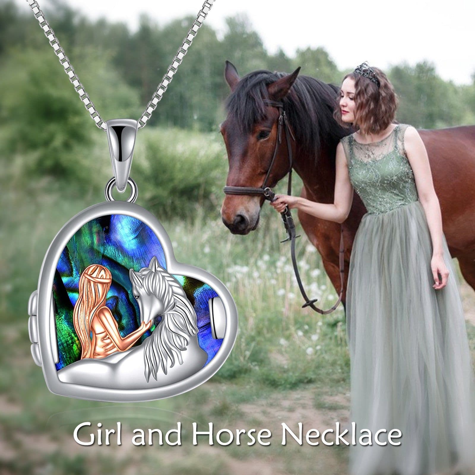 image-Horse and Girl Abalone Shellfish Heart Sterling Silver Photo Locket Necklace