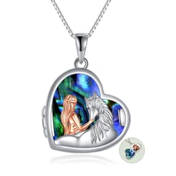 image-Horse and Girl Abalone Shellfish Heart Sterling Silver Photo Locket Necklace