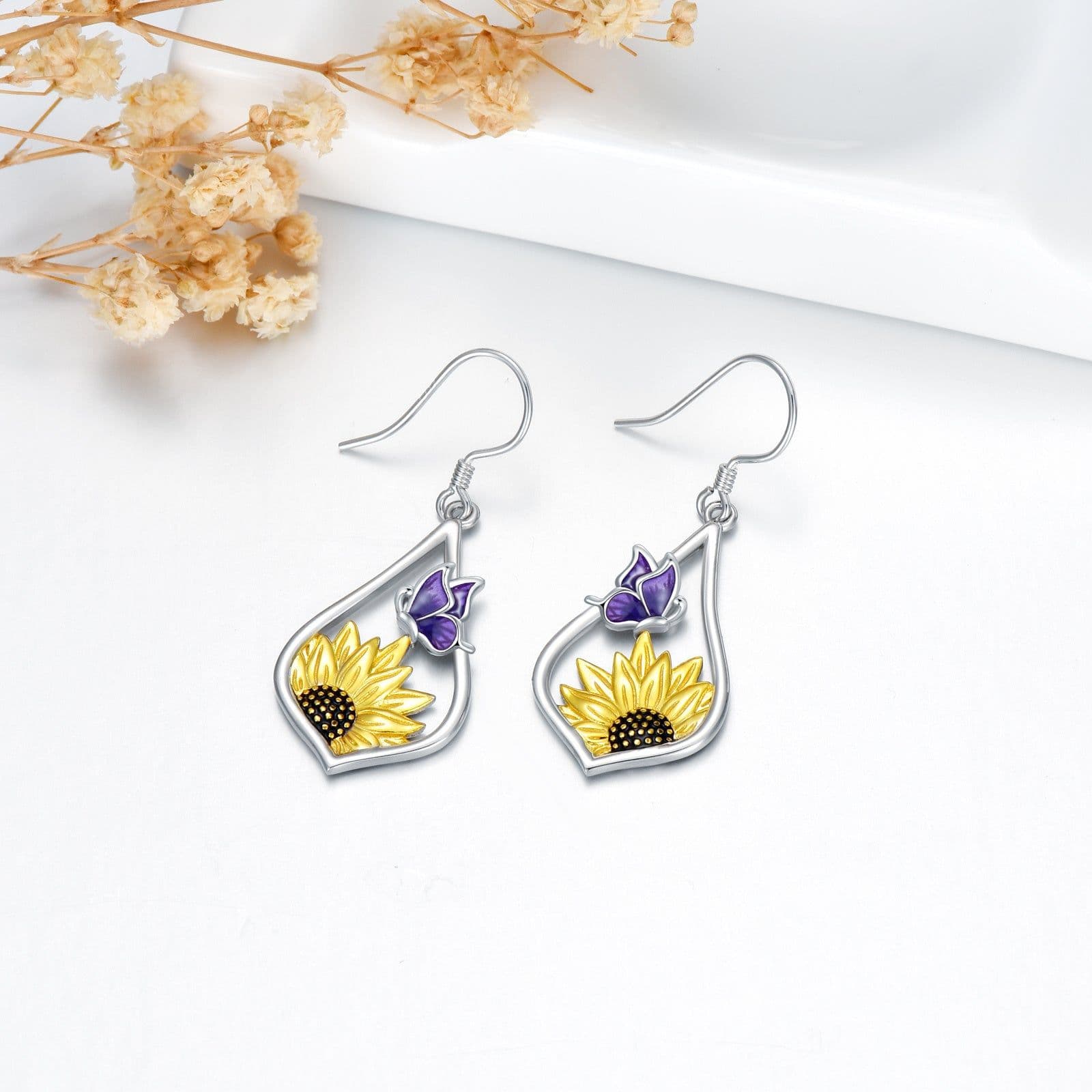 image-Sterling Silver Sunflower Dangle Earrings with Purple Butterfly Gift for Women