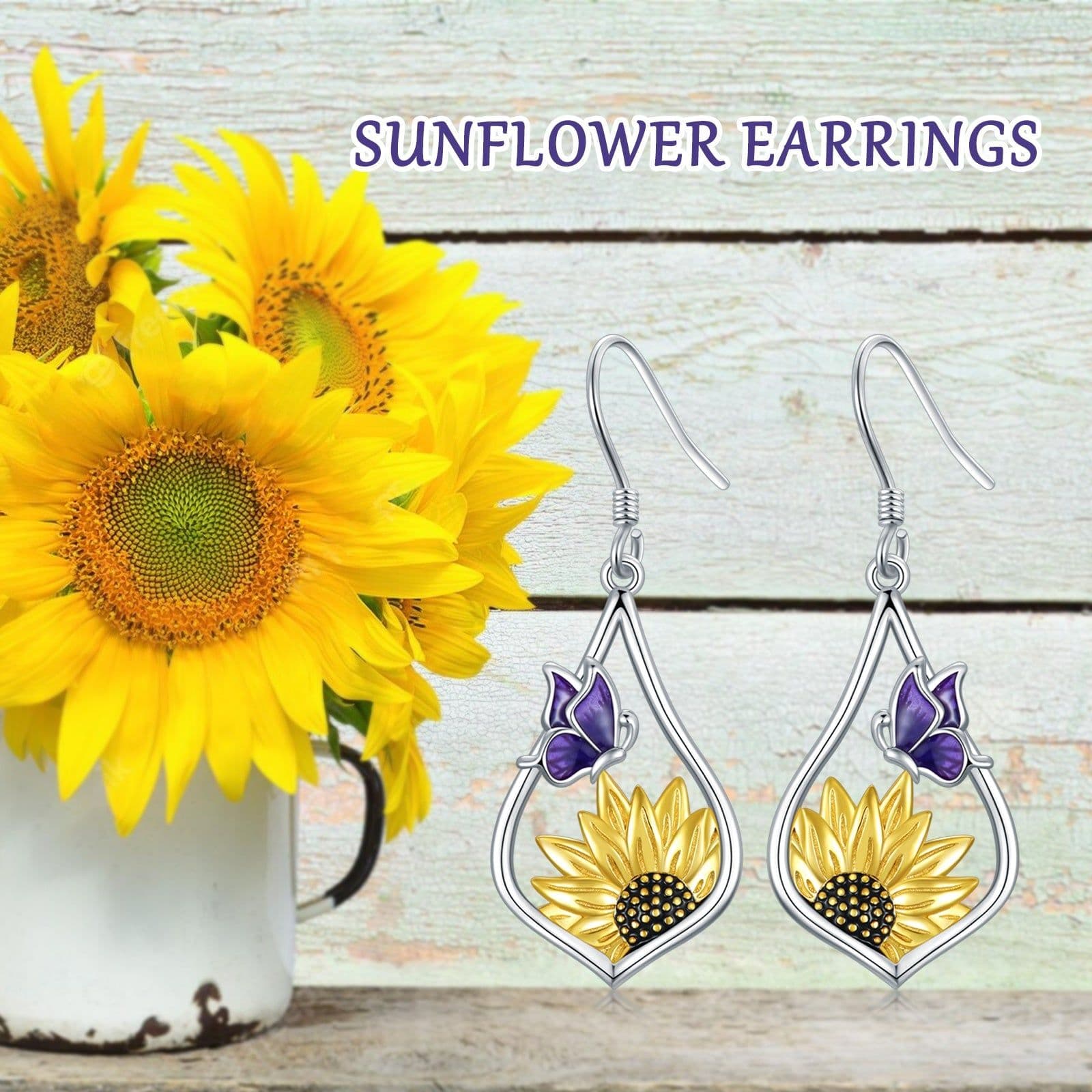 image-Sterling Silver Sunflower Dangle Earrings with Purple Butterfly Gift for Women
