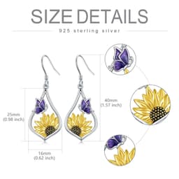 image-Sterling Silver Sunflower Dangle Earrings with Purple Butterfly Gift for Women