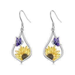 image-Sterling Silver Sunflower Dangle Earrings with Purple Butterfly Gift for Women