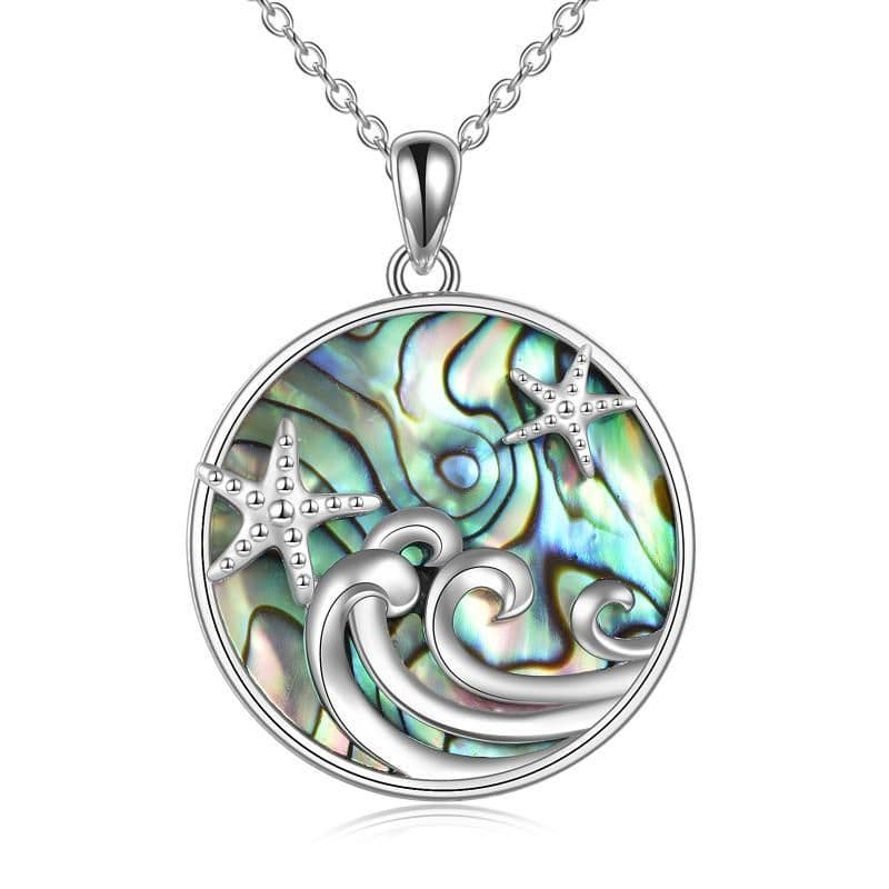image-Sterling Silver Ocean Wave Abalone Shellfish Necklace Starfish Pendant Ocean Jewelry