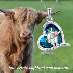 image-925 Sterling Silver Highland Cow Blue Crystal Heart Cow Pendant Necklace
