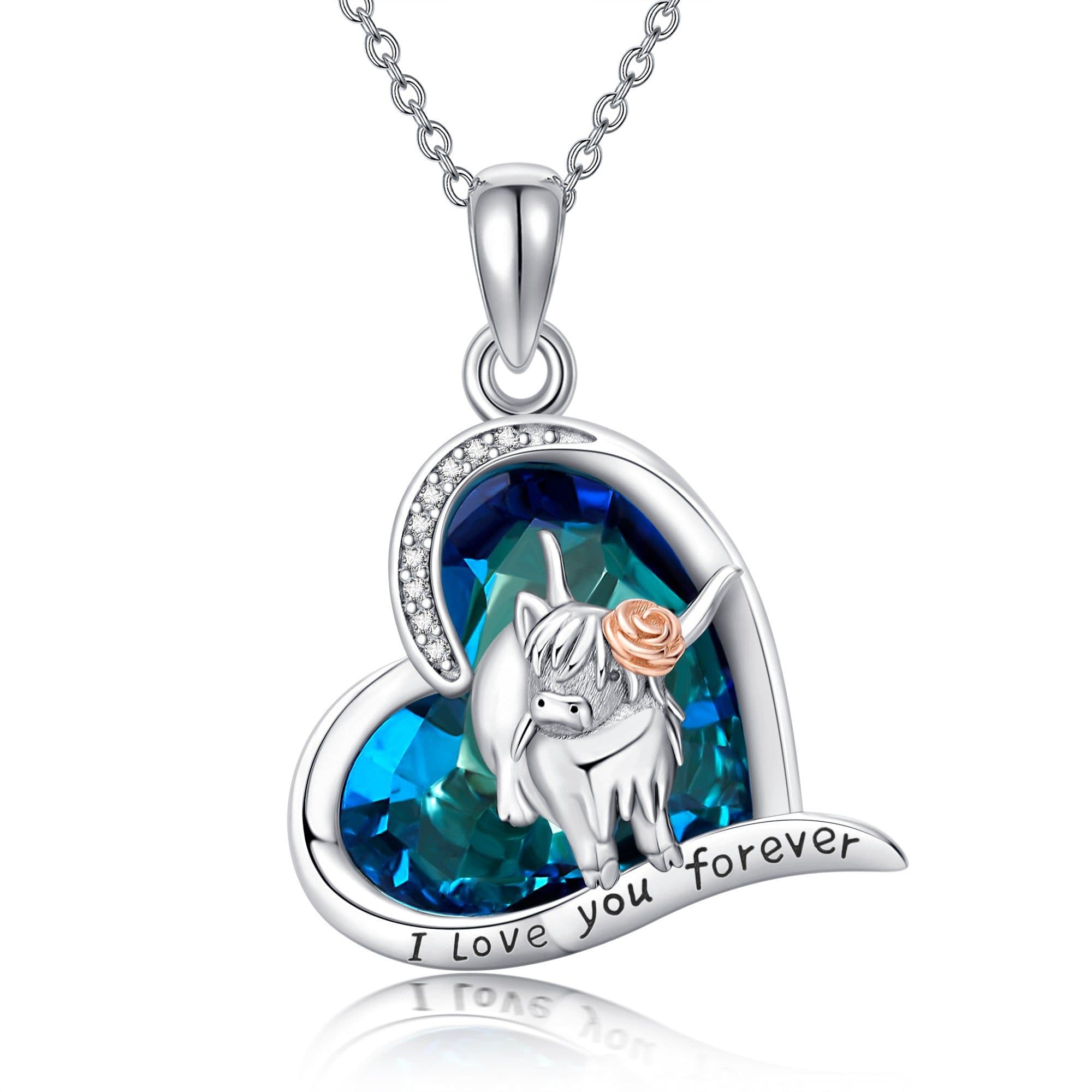 image-925 Sterling Silver Highland Cow Blue Crystal Heart Cow Pendant Necklace
