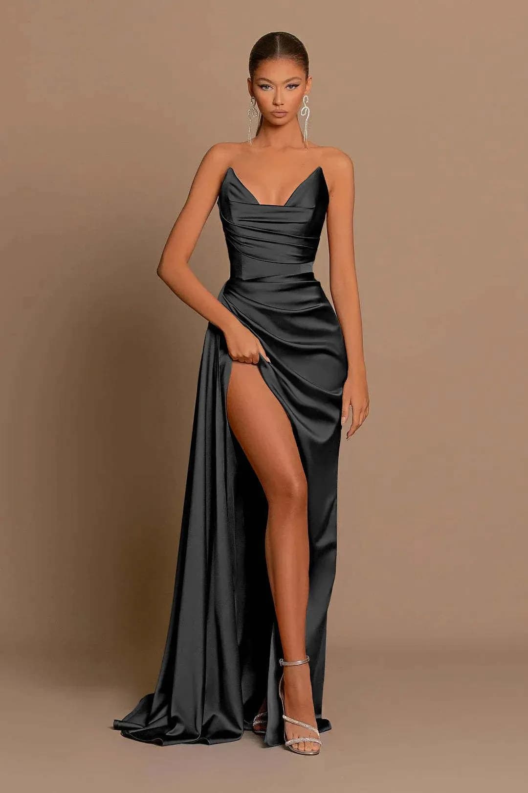 image-Prom Dresses Mermaid Formal Party Dresses V Neck Long Satin Ball Gown