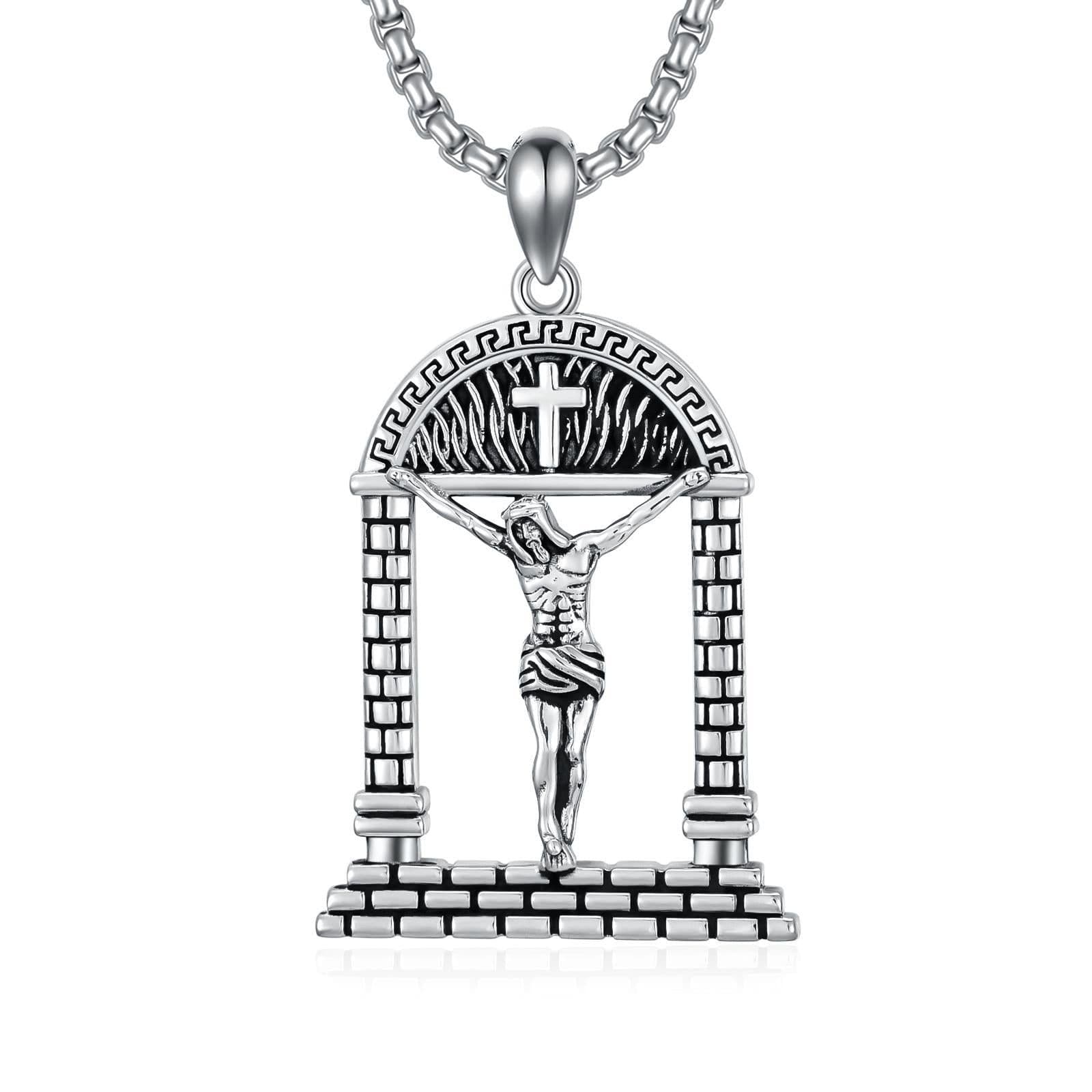image-Sterling Silver Jesus Suffering Statue Crucifix Pendant Necklace Religious Gift