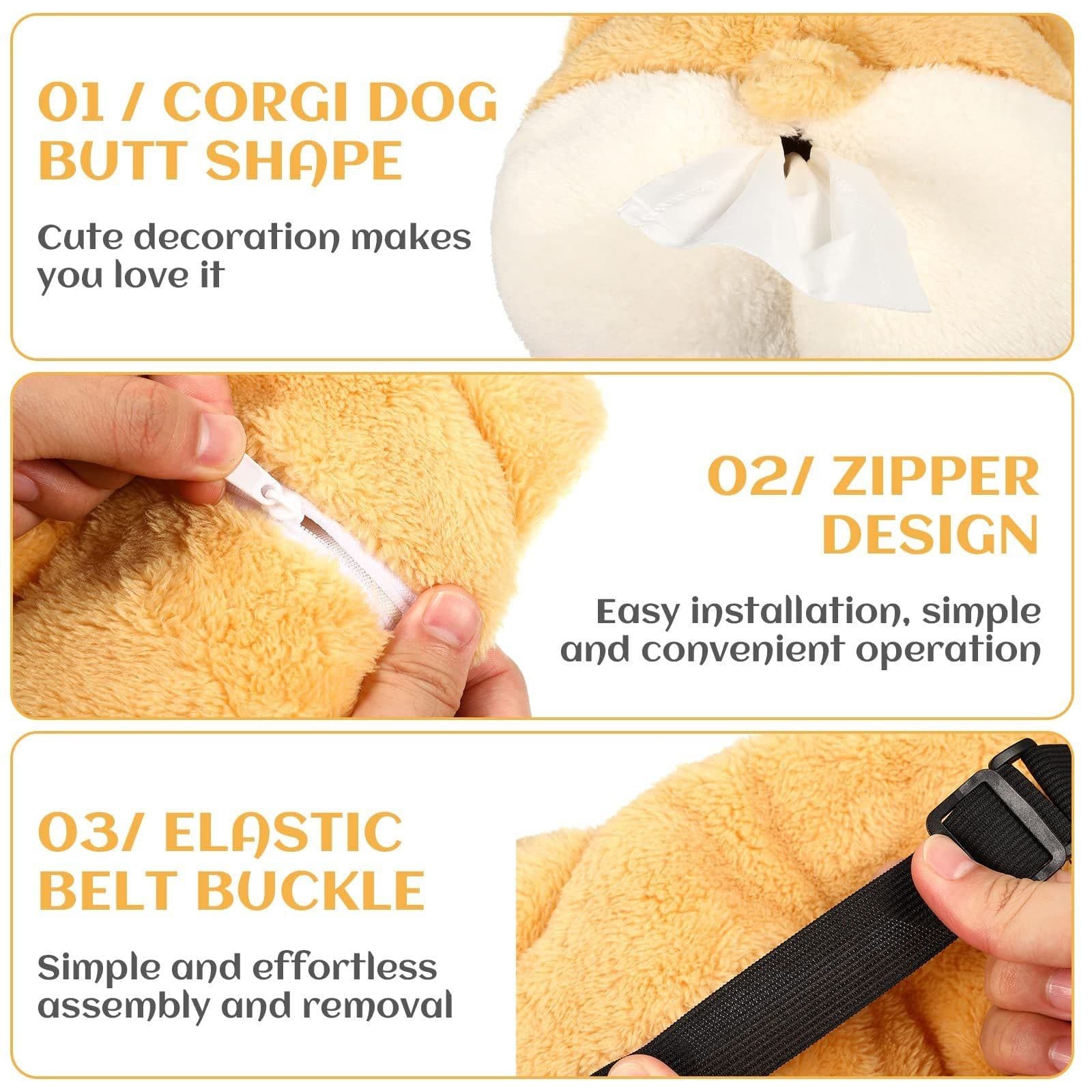 image-Tissue Box Cover Soft Adorable Corgi Butt Shaped Creative Storage Bag Hanging Pouch Tissue Box Wrapper For Car Home