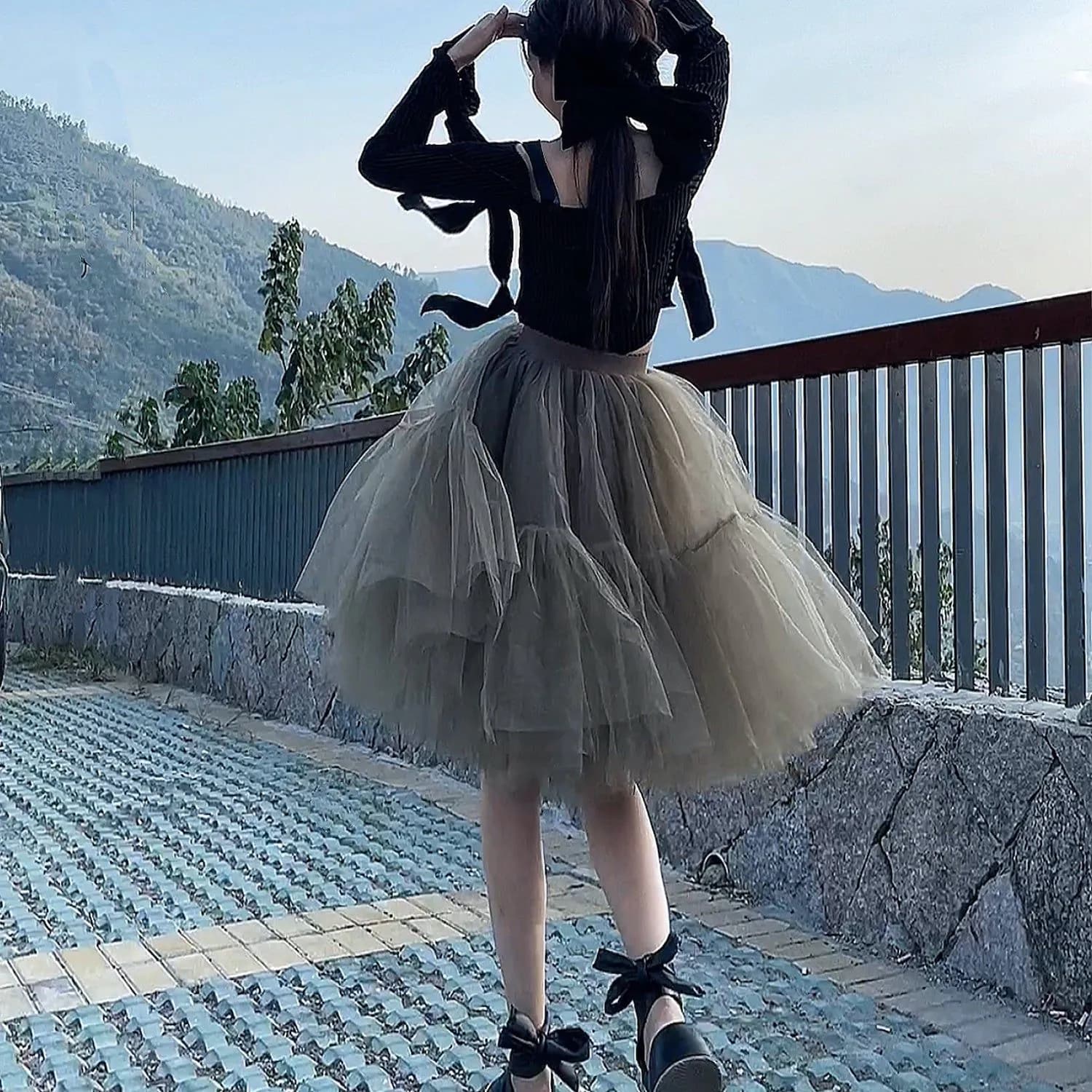 image-Black Tulle-Layered High-Waist A-Line Skirt, Women's Tutu Skirt Mesh Splicing Skirt Multi-layer Cake A-line Pleated Skirt Fairy Skirt