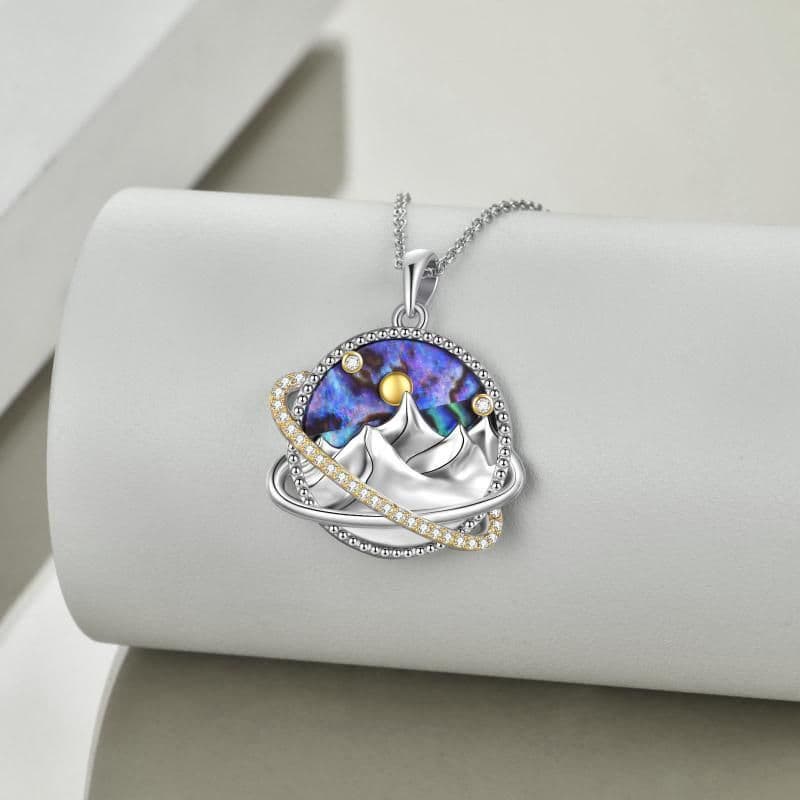 image-Sterling Silver Universe Planet Sun Moutain Pendant Necklace Abalone Shell Cubic Zirconia Jewelry