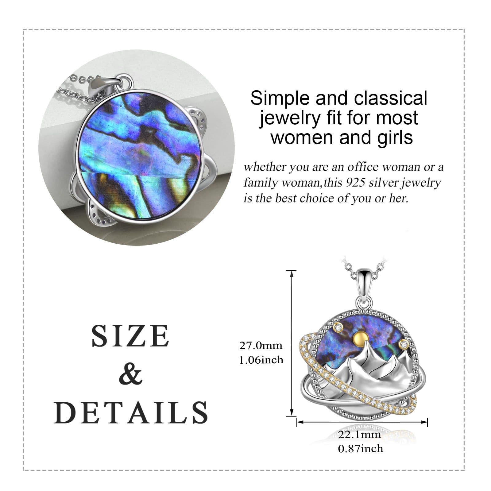 image-Sterling Silver Universe Planet Sun Moutain Pendant Necklace Abalone Shell Cubic Zirconia Jewelry