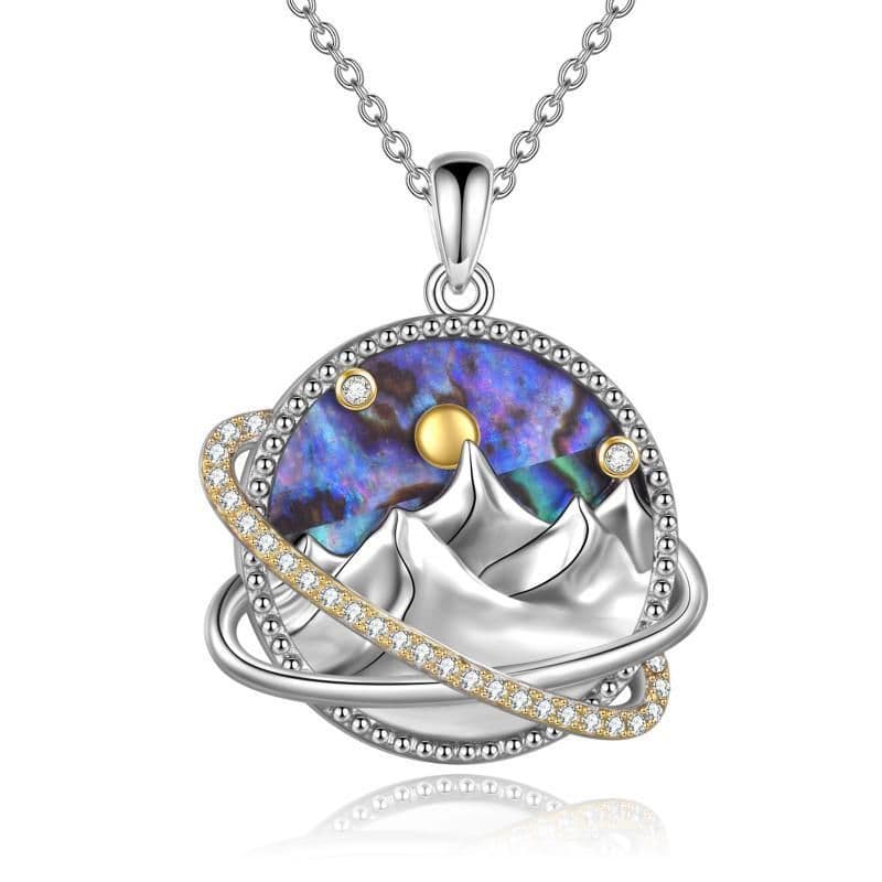 image-Sterling Silver Universe Planet Sun Moutain Pendant Necklace Abalone Shell Cubic Zirconia Jewelry