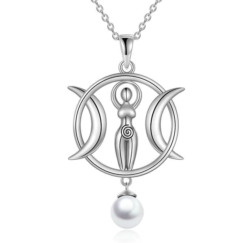 image-Triple Moon Goddess Necklace Amulet Wizard Pendant with Shell Pearl Necklace for Women