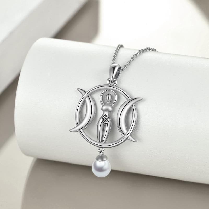 image-Triple Moon Goddess Necklace Amulet Wizard Pendant with Shell Pearl Necklace for Women