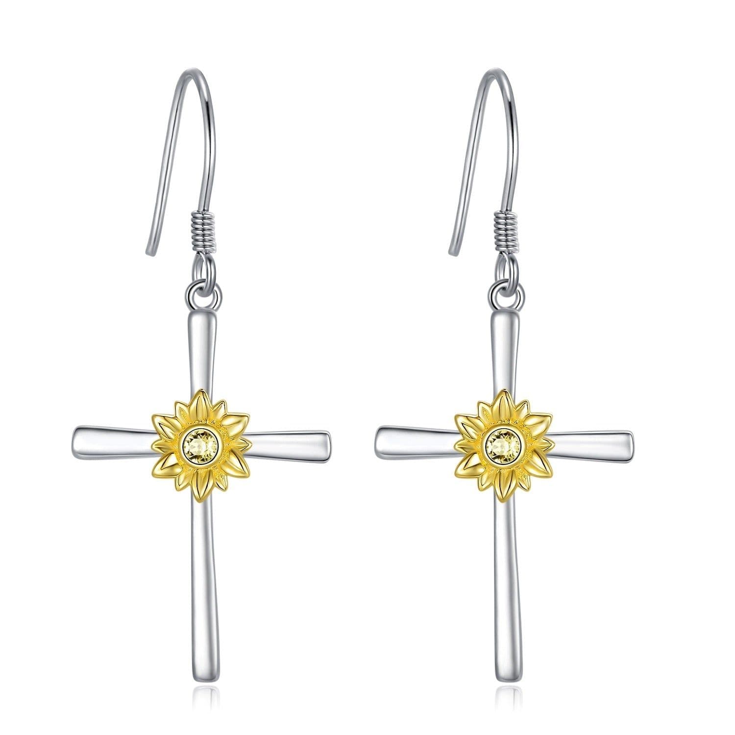 image-Sunflower Earrings Sterling Silver Cross Dangle Drop Hooks Earrings Sunflower Flower Jewelry Gifts for Women Teens Birthday