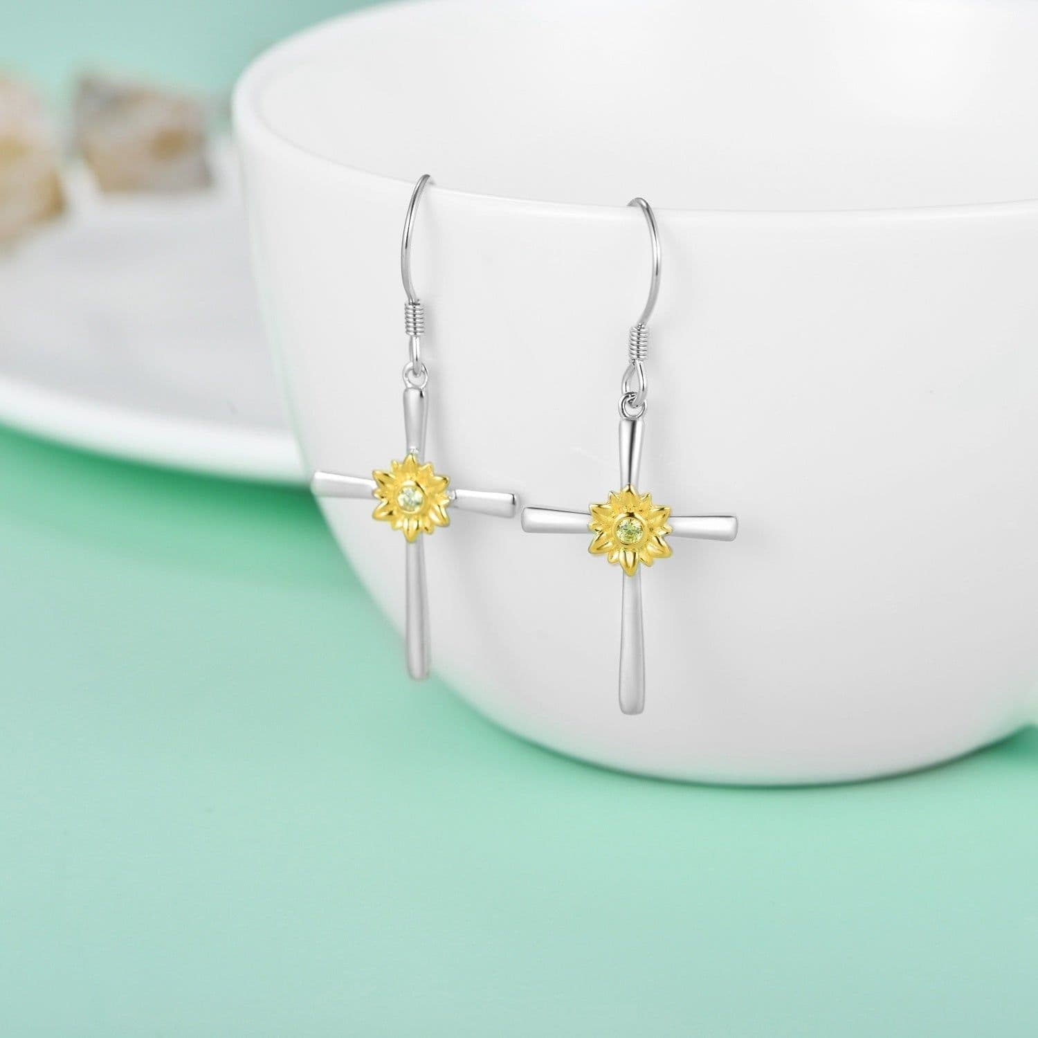 image-Sunflower Earrings Sterling Silver Cross Dangle Drop Hooks Earrings Sunflower Flower Jewelry Gifts for Women Teens Birthday