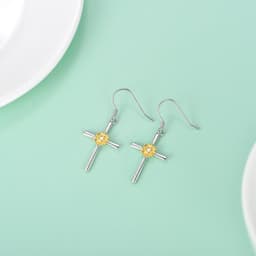 image-Sunflower Earrings Sterling Silver Cross Dangle Drop Hooks Earrings Sunflower Flower Jewelry Gifts for Women Teens Birthday