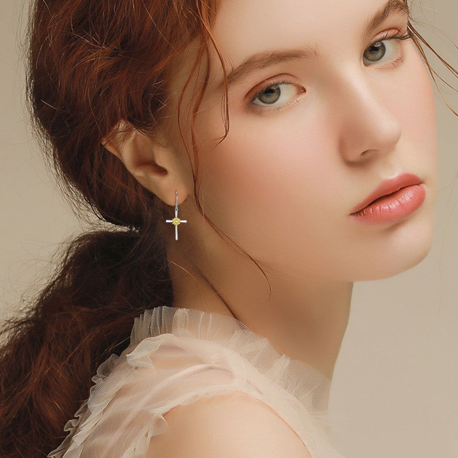 image-Sunflower Earrings Sterling Silver Cross Dangle Drop Hooks Earrings Sunflower Flower Jewelry Gifts for Women Teens Birthday