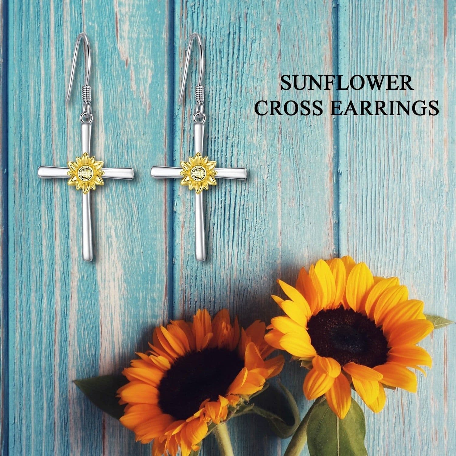 image-Sunflower Earrings Sterling Silver Cross Dangle Drop Hooks Earrings Sunflower Flower Jewelry Gifts for Women Teens Birthday