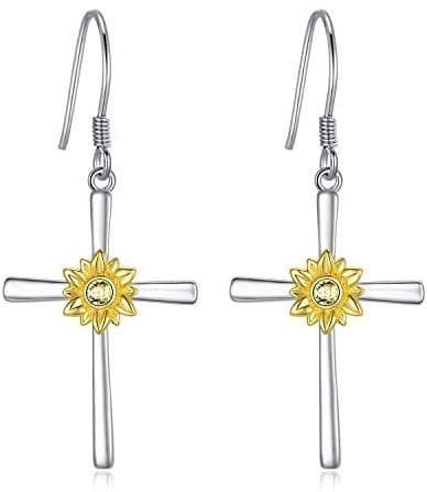 image-Sunflower Earrings Sterling Silver Cross Dangle Drop Hooks Earrings Sunflower Flower Jewelry Gifts for Women Teens Birthday