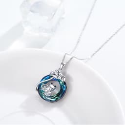 image-925 Sterling Silver Frog Lotus Leaf Necklace with Circle Crystal Pendant Cute Animal Jewelry Gifts