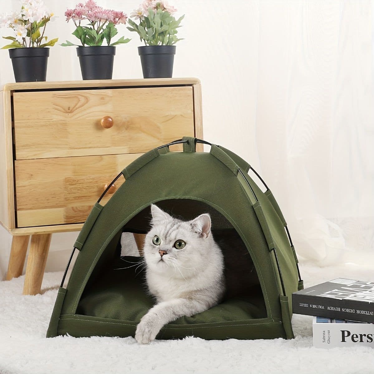 image-Cat Tent Bed With Removable Non-Slip Soft Pad, Portable Pet Tent Cave For Cats And Small Dogs Kitten Breathable Self-Cooling Pet Mat For Dogs And Cats
