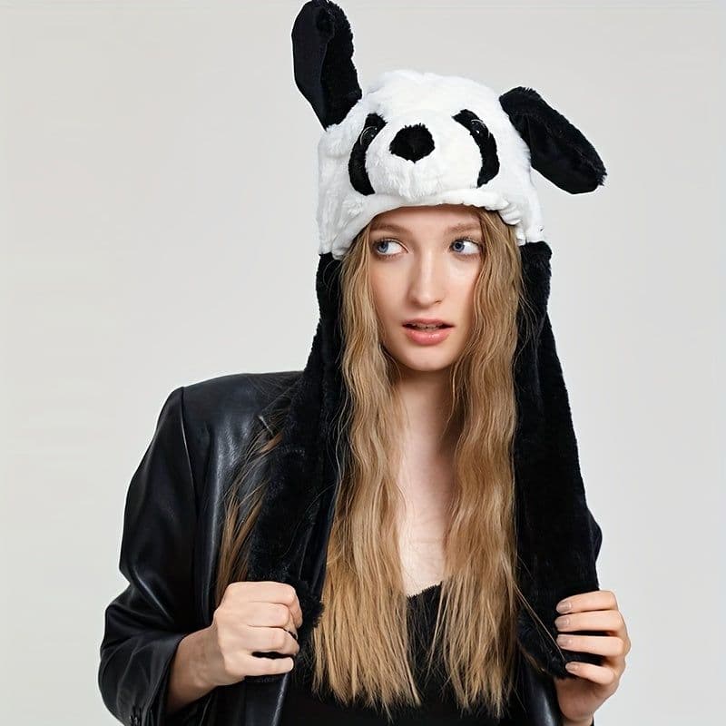 image-Cute Animal Moving Ear Hat Cute Panda Dog Frog Puppy Plush Hats Halloween Cosplay Party Earflap Hat For Women