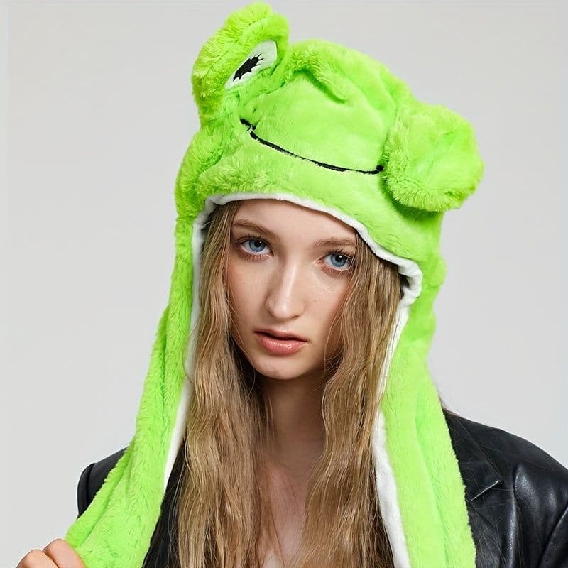 image-Cute Animal Moving Ear Hat Cute Panda Dog Frog Puppy Plush Hats Halloween Cosplay Party Earflap Hat For Women